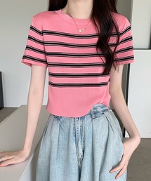 クルーネック半袖ボーダーニット