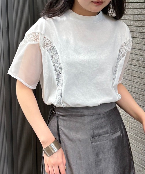 &g'aime(アンジェム)の「【&g'aime】レース×シアーパネルT Lace & Sheer Panel Tee(Tシャツ/カットソー・レディース・ホワイト/ブラック・FREE)」の4枚目の写真