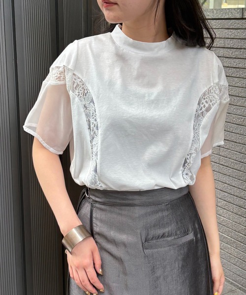 &g'aime(アンジェム)の「【&g'aime】レース×シアーパネルT Lace & Sheer Panel Tee(Tシャツ/カットソー・レディース・ホワイト/ブラック・FREE)」の6枚目の写真