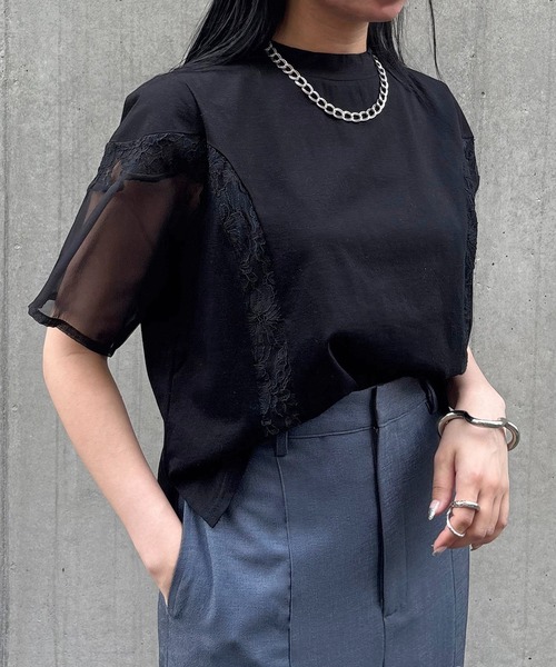 &g'aime(アンジェム)の「【&g'aime】レース×シアーパネルT Lace & Sheer Panel Tee(Tシャツ/カットソー・レディース・ホワイト/ブラック・FREE)」の16枚目の写真