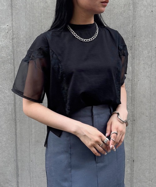 &g'aime(アンジェム)の「【&g'aime】レース×シアーパネルT Lace & Sheer Panel Tee(Tシャツ/カットソー・レディース・ホワイト/ブラック・FREE)」の15枚目の写真