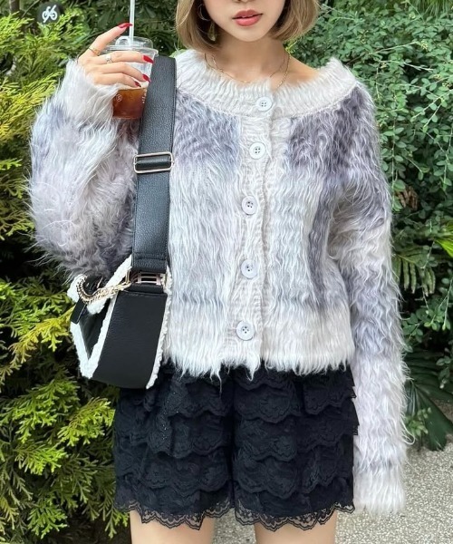 rienda（リエンダ）の「2WAYロングシャギーチェックショートニットカーディガン 秋服（カーディガン/ボレロ・レディース・ベージュ系その他/グレー系その他・FREE）」の2枚目の写真