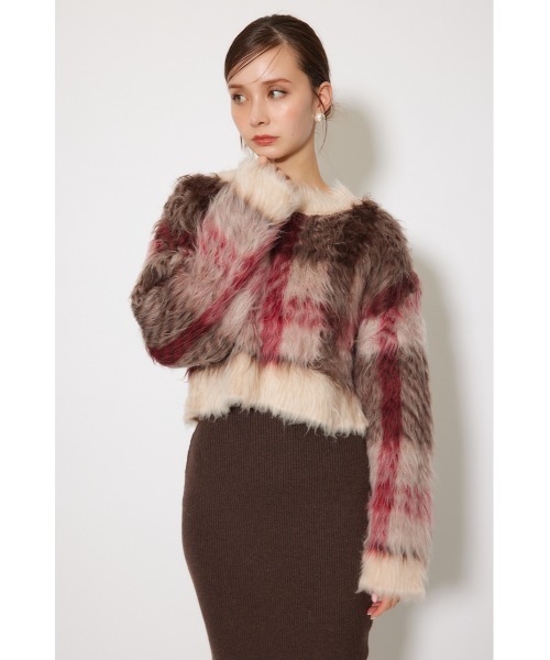 rienda（リエンダ）の「2WAYロングシャギーチェックショートニットカーディガン 秋服（カーディガン/ボレロ・レディース・ベージュ系その他/グレー系その他・FREE）」の7枚目の写真