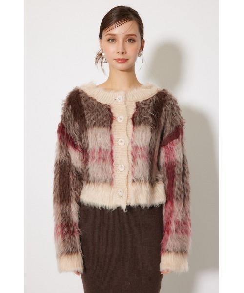 rienda（リエンダ）の「2WAYロングシャギーチェックショートニットカーディガン 秋服（カーディガン/ボレロ・レディース・ベージュ系その他/グレー系その他・FREE）」の10枚目の写真