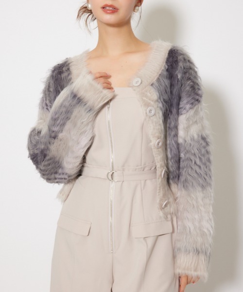 rienda（リエンダ）の「2WAYロングシャギーチェックショートニットカーディガン 秋服（カーディガン/ボレロ・レディース・ベージュ系その他/グレー系その他・FREE）」の17枚目の写真