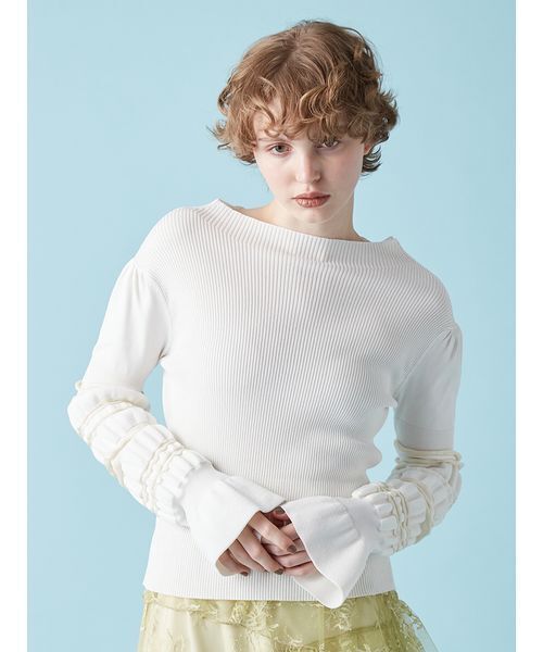 FURFUR(ファーファー)の「イレギュラーリブスリーブニットトップス(ニット/セーター・レディース・ピンク/ブラック/ホワイト・F)」の6枚目の写真