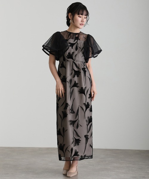 サーキュラースリーブフラワードレス ブラウン Mshort niana