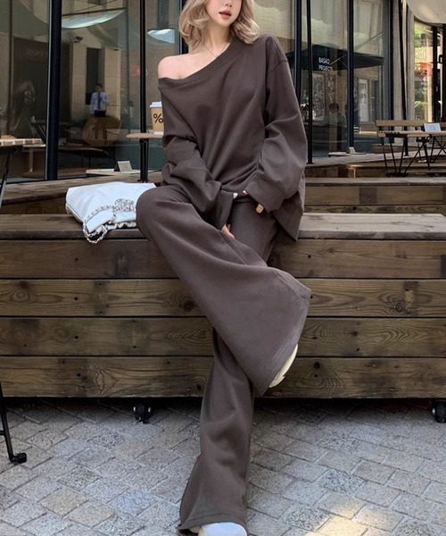 セール】ワンショルダースウェットトップス×裾フレアスウェットパンツ