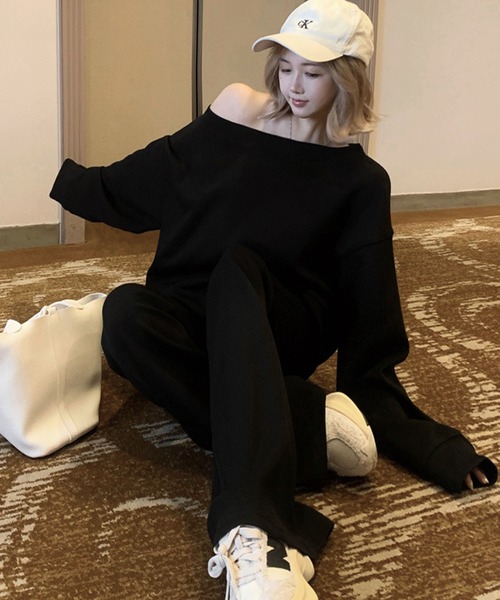 meJane（ミージェーン）の「ワンショルダースウェットトップス×裾フレアスウェットパンツ（セットアップ・レディース・ブラック/ブラウン・L/M）」の9枚目の写真