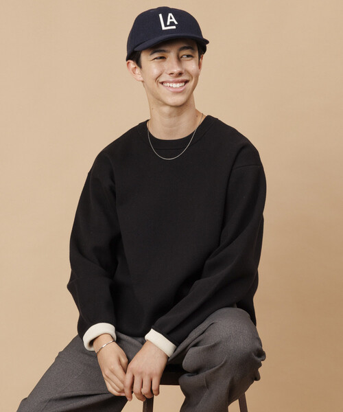 セール】スウェットライク クルーネックニット 裏配色デザイン（ニット