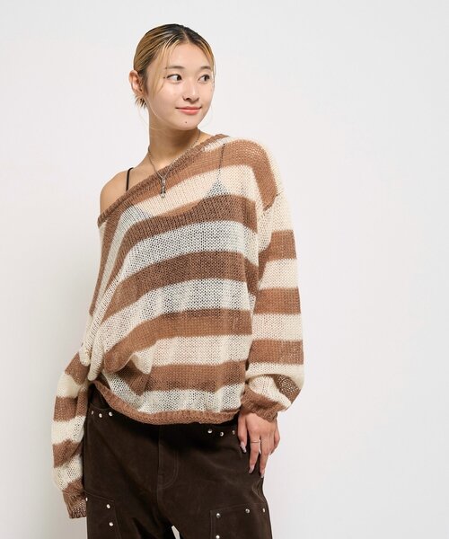 WHO'S WHO gallery（フーズフーギャラリー）の「ワイドボーダーメッシュニット（ニット/セーター・レディース・グリーン/アイボリー/チャコールグレー・FREE）」の4枚目の写真