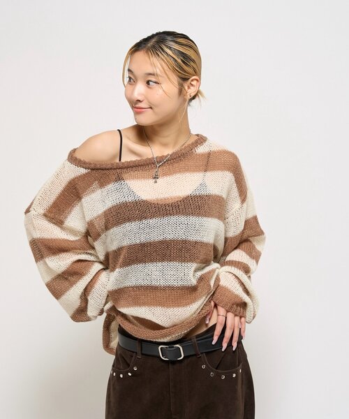 WHO'S WHO gallery（フーズフーギャラリー）の「ワイドボーダーメッシュニット（ニット/セーター・レディース・グリーン/アイボリー/チャコールグレー・FREE）」の5枚目の写真