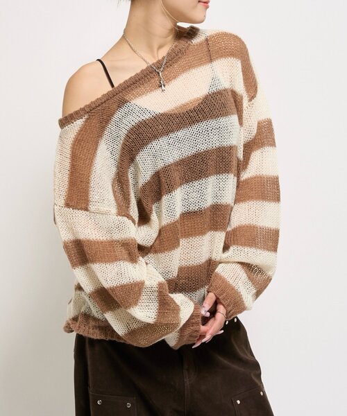 WHO'S WHO gallery（フーズフーギャラリー）の「ワイドボーダーメッシュニット（ニット/セーター・レディース・グリーン/アイボリー/チャコールグレー・FREE）」の6枚目の写真