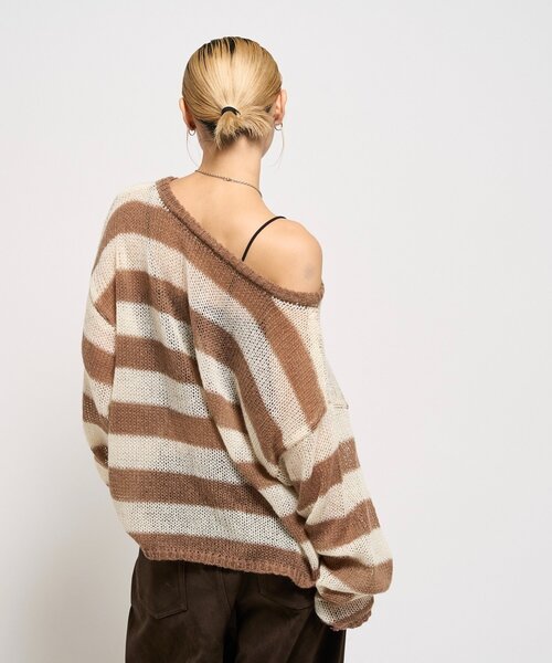 WHO'S WHO gallery（フーズフーギャラリー）の「ワイドボーダーメッシュニット（ニット/セーター・レディース・グリーン/アイボリー/チャコールグレー・FREE）」の7枚目の写真