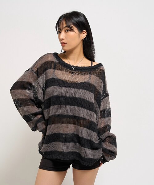 WHO'S WHO gallery（フーズフーギャラリー）の「ワイドボーダーメッシュニット（ニット/セーター・レディース・グリーン/アイボリー/チャコールグレー・FREE）」の9枚目の写真