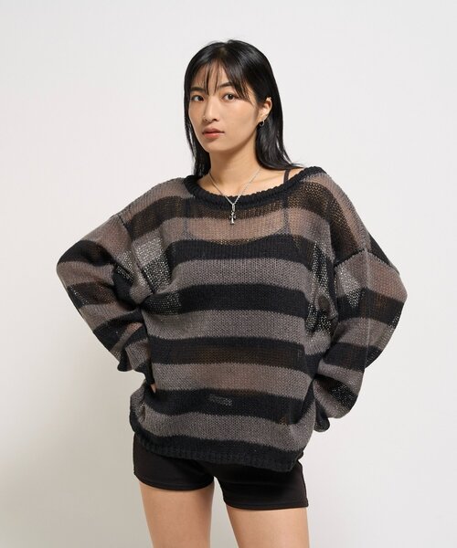 WHO'S WHO gallery（フーズフーギャラリー）の「ワイドボーダーメッシュニット（ニット/セーター・レディース・グリーン/アイボリー/チャコールグレー・FREE）」の10枚目の写真