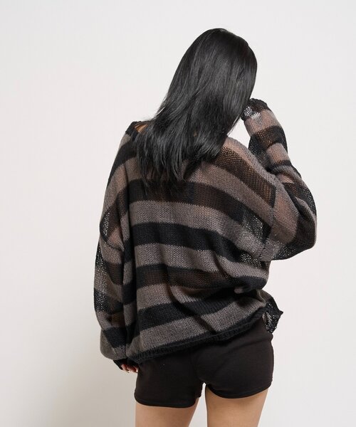 WHO'S WHO gallery（フーズフーギャラリー）の「ワイドボーダーメッシュニット（ニット/セーター・レディース・グリーン/アイボリー/チャコールグレー・FREE）」の13枚目の写真