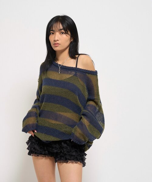 WHO'S WHO gallery（フーズフーギャラリー）の「ワイドボーダーメッシュニット（ニット/セーター・レディース・グリーン/アイボリー/チャコールグレー・FREE）」の17枚目の写真