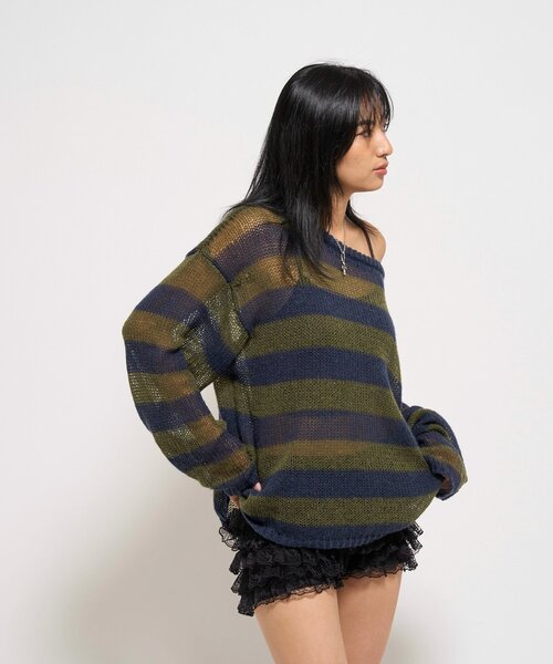 WHO'S WHO gallery（フーズフーギャラリー）の「ワイドボーダーメッシュニット（ニット/セーター・レディース・グリーン/アイボリー/チャコールグレー・FREE）」の18枚目の写真