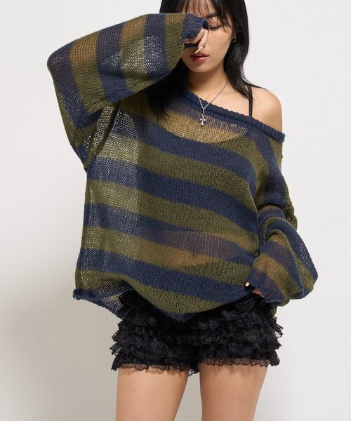 WHO'S WHO gallery（フーズフーギャラリー）の「ワイドボーダーメッシュニット（ニット/セーター・レディース・グリーン/アイボリー/チャコールグレー・FREE）」の21枚目の写真