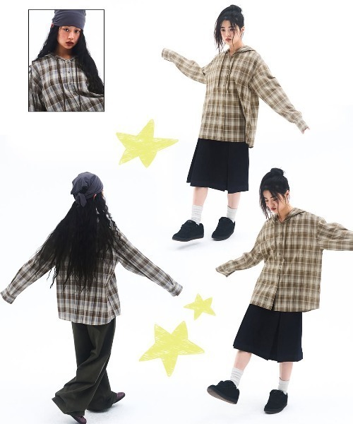 AMESWORLDWIDE(アメスワールドワイド)の「A'GEM/9 × .kom『AMES WORLDWIDE/アメスワールドワイド』Check Hooded Shirt/チェックフードシャツ(シャツ/ブラウス・レディース・ブルー/ブラウン・FREE)」の7枚目の写真