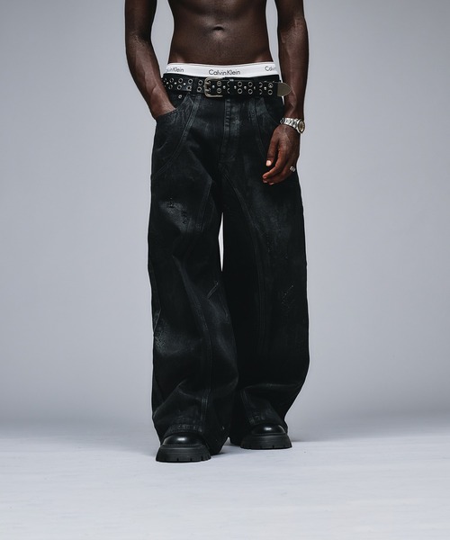 DETW 25SS 変形 ダーク系ワックスコーティングデニム フレアパンツ Wax Coating Curve Denim / ワックスコーティングカーブデニム（デニム