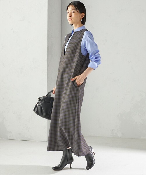 SHIPS（シップス）の「〈手洗い可能〉アジャスト ボタン チェック ジャンパー スカート（ジャンパースカート・レディース・ブラウン・36/38）」の4枚目の写真