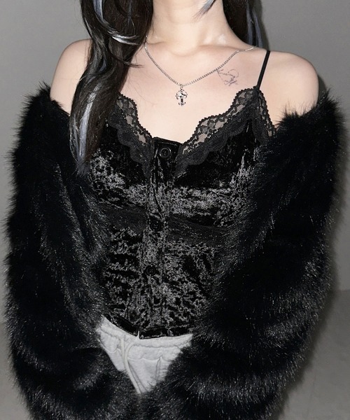 me+em select（ミームセレクト）の「【 ２color 】フロントボタンレースベロアショートキャミソール ／ front button lace velor short camisole（キャミソール・レディース・ホワイト/ブラック・FREE）」の2枚目の写真