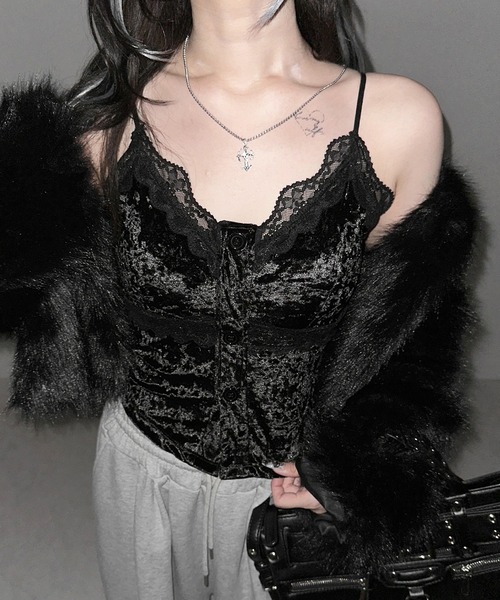 me+em select（ミームセレクト）の「【 ２color 】フロントボタンレースベロアショートキャミソール ／ front button lace velor short camisole（キャミソール・レディース・ホワイト/ブラック・FREE）」の20枚目の写真