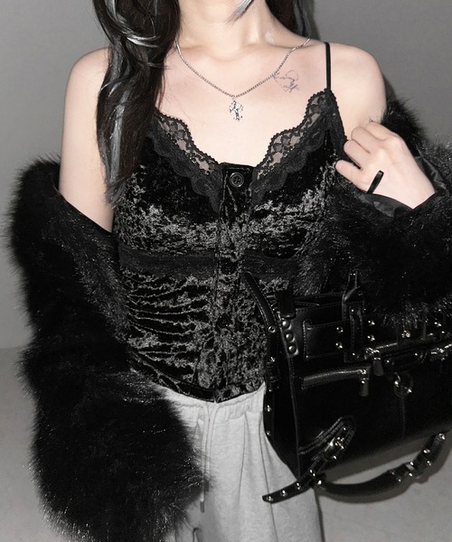 me+em select（ミームセレクト）の「【 ２color 】フロントボタンレースベロアショートキャミソール ／ front button lace velor short camisole（キャミソール・レディース・ホワイト/ブラック・FREE）」の21枚目の写真