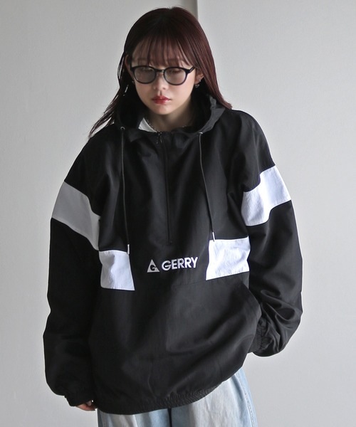 【美品】COCOLO アノラック ナイロンジャケット ワンポイントロゴ 黒 L セール】【GERRY/ジェリー】 切替アノラックナイロンジャケット