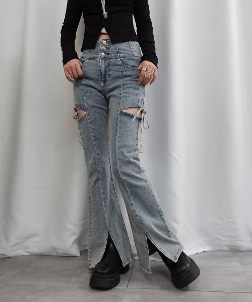Lots of Love(ロッツオブラブ)の「ハイウエストカットアウトリボンデニムパンツ(デニムパンツ・レディース・ブルー/ブラック/ライトブルー/ダークブラック・M/L)」の8枚目の写真