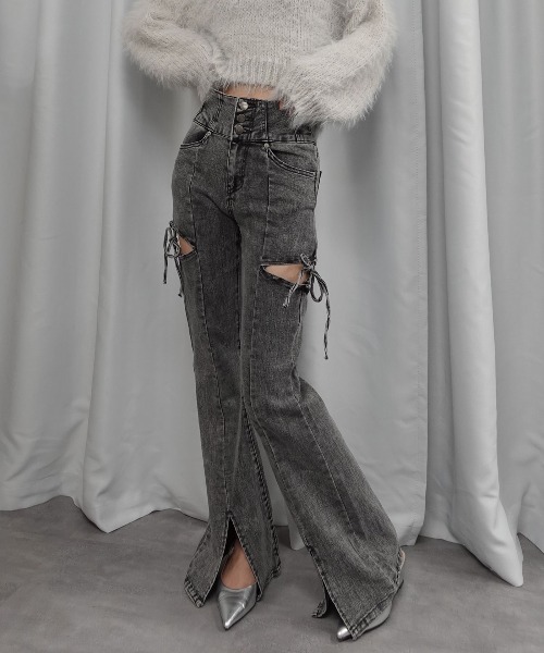 Lots of Love(ロッツオブラブ)の「ハイウエストカットアウトリボンデニムパンツ(デニムパンツ・レディース・ブルー/ブラック/ライトブルー/ダークブラック・M/L)」の18枚目の写真