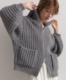 畔編みニット ざっくり編み フードジップ ニットパーカー
