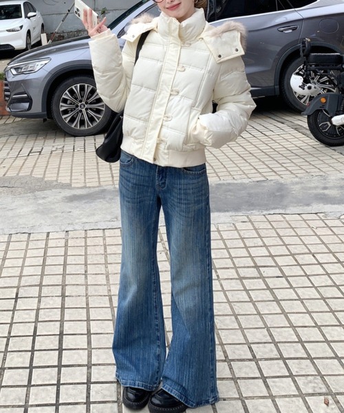 yuue' ( wear )(ユーイ)の「フェイクファーフード中綿ダウンジャケット/防寒スタンドネックショートブルゾン(ダウンジャケット/コート・レディース・ネイビー/アイボリー/ブラック・FREE)」の11枚目の写真