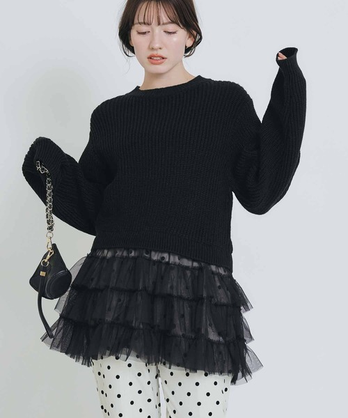 PICCIN PERLA（ピッチンペルラ）の「裾チュール畦編みプルオーバー（ニット/セーター・レディース・オフホワイト/ブラック/グレイッシュベージュ・M）」の2枚目の写真