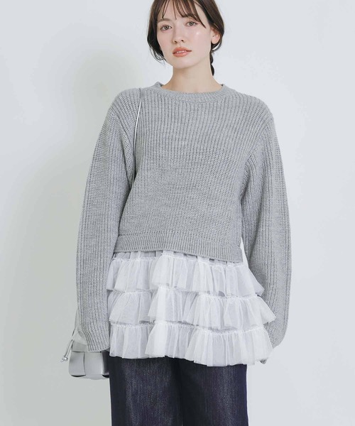 PICCIN PERLA（ピッチンペルラ）の「裾チュール畦編みプルオーバー（ニット/セーター・レディース・オフホワイト/ブラック/グレイッシュベージュ・M）」の12枚目の写真