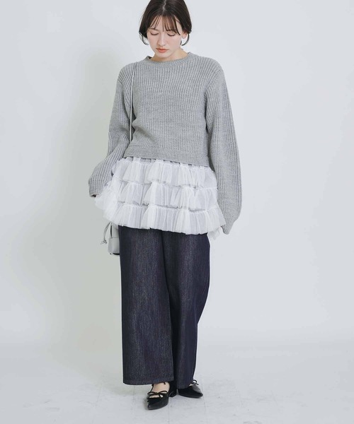 PICCIN PERLA（ピッチンペルラ）の「裾チュール畦編みプルオーバー（ニット/セーター・レディース・オフホワイト/ブラック/グレイッシュベージュ・M）」の15枚目の写真