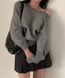 オフショルダーニットトップス肩見せ秋冬服