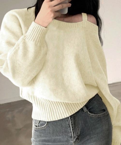 Miniministore（ミニミニストア）の「オフショルダーニットトップス肩見せ秋冬服（ニット/セーター・レディース・アイボリー/ネイビー/グレー・FREE）」の2枚目の写真