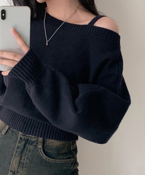 Miniministore（ミニミニストア）の「オフショルダーニットトップス肩見せ秋冬服（ニット/セーター・レディース・アイボリー/ネイビー/グレー・FREE）」の11枚目の写真
