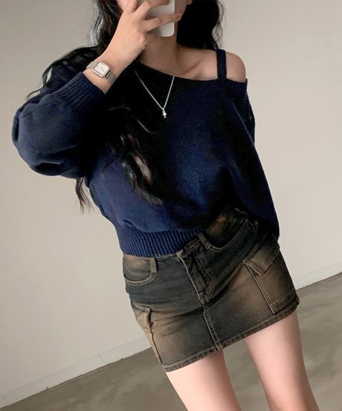 Miniministore（ミニミニストア）の「オフショルダーニットトップス肩見せ秋冬服（ニット/セーター・レディース・アイボリー/ネイビー/グレー・FREE）」の13枚目の写真