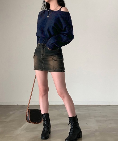 Miniministore（ミニミニストア）の「オフショルダーニットトップス肩見せ秋冬服（ニット/セーター・レディース・アイボリー/ネイビー/グレー・FREE）」の14枚目の写真