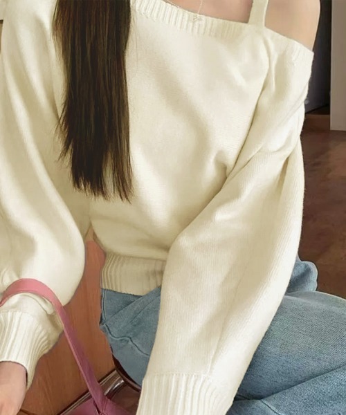 Miniministore（ミニミニストア）の「オフショルダーニットトップス肩見せ秋冬服（ニット/セーター・レディース・アイボリー/ネイビー/グレー・FREE）」の16枚目の写真