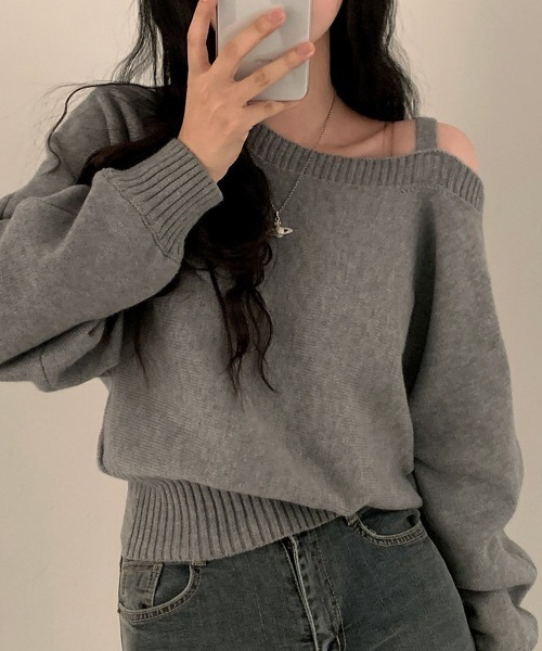 Miniministore（ミニミニストア）の「オフショルダーニットトップス肩見せ秋冬服（ニット/セーター・レディース・アイボリー/ネイビー/グレー・FREE）」の22枚目の写真