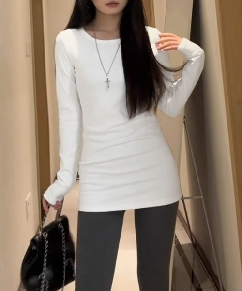 Miniministore(ミニミニストア)の「ロングTシャツ 重ね着フィットカットソー(Tシャツ/カットソー・レディース・グレー系1/グレー系2/ホワイト系1/ホワイト系2/ブラック系1/ブラック系2・FREE)」の7枚目の写真