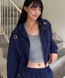 ※WEB限定 / セットアップ対応 / 短丈ラインストーンジップパーカー/ sqnz rhinestone & eyelet zip p/k