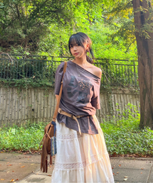 ヴィンテージラブブラウンレオパードアンバランスオフショルダートップ半袖Tシャツ-パンチングチャコール