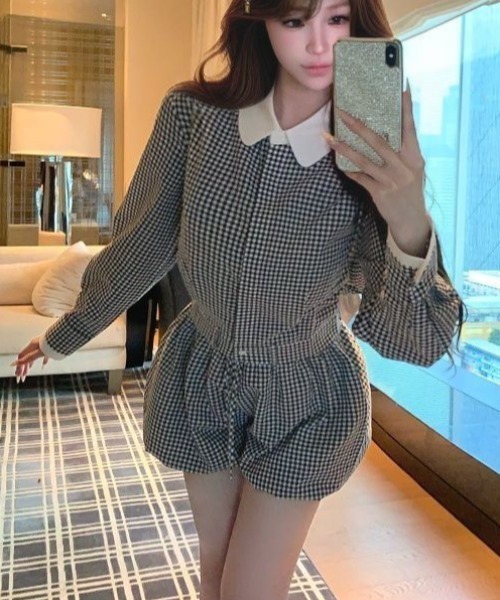ViViDAY(ビビデー)の「【上下2点セット】配色チェック柄シャツ+リボンチェック柄ショートパンツ(セットアップ・レディース・ホワイト×ブラック・M)」の5枚目の写真
