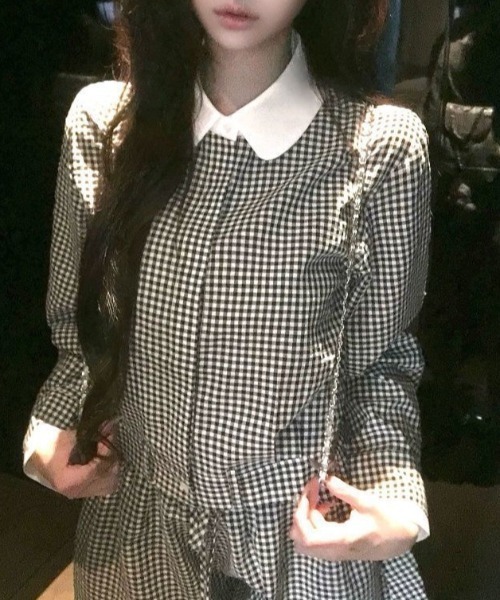 セール】【上下2点セット】配色チェック柄シャツ＋リボンチェック柄